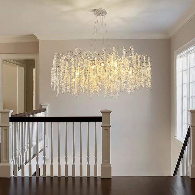 Modern Tree Branch Chandeliers Chrome D47'', Crystal Raindrop Chandelier for Living Room, Round Art Deco Lighting Fixture for for Dining Room Foyer Bedroom 18 Lights