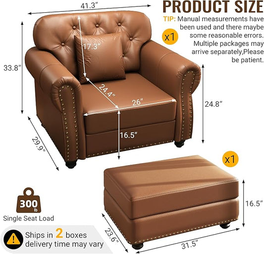 KEIKI 41" Faux Leather Chesterfield Sofa with Rolled Arms & Nailhead Trim & 1 Ottoman, 1-Seater Button Tufted Couch with High Resilience Cushion & 1 Pillow, Easy Assembly, for Living Room, Brown