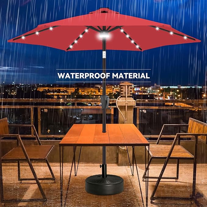 7.5ft Solar Umbrella Outdoor - Lighted Solar Patio Umbrella with 24 LED Lights Waterprool UV Protection, Table Umbrella with Tilt for Pool, Porch, Garden, Deck, Backyard (Red)