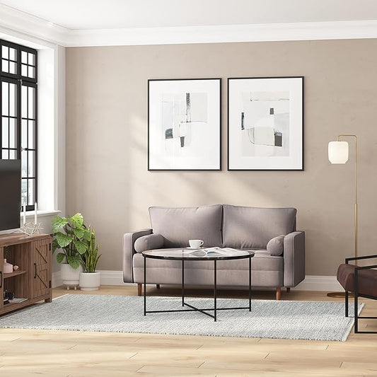 Taylor & Logan Hendrix Tufted Faux Linen Upholstered Mid-Century Modern Loveseat with Solid Wood Legs in Slate Gray