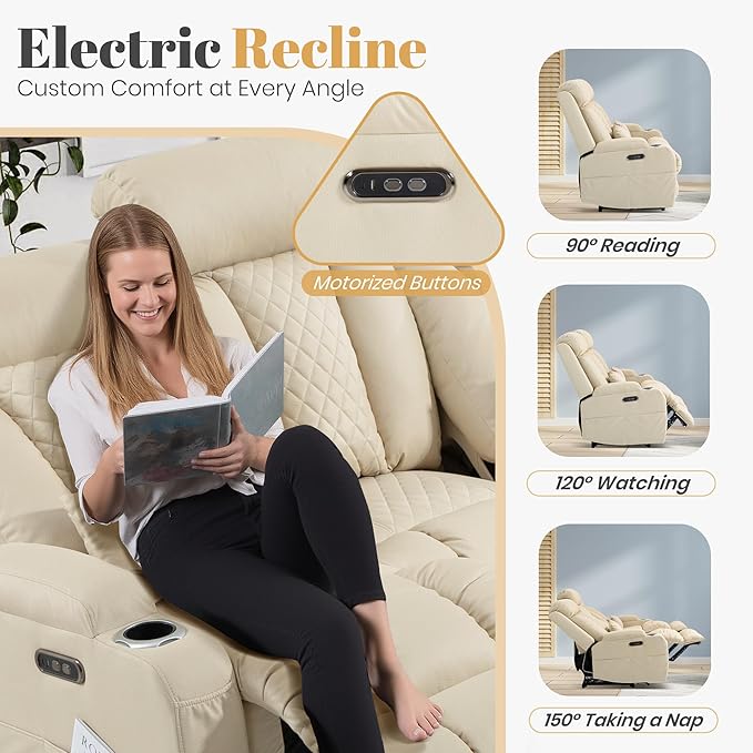 2-Piece Power Reclining Sofa Set, 3-Seater Sofa with Drop-Down Console & 2-Seater Loveseat, Zero Wall Hugger Electric Recliner Couch with Adjustable Headrest, AC Outlets (Beige, 3 Seat)
