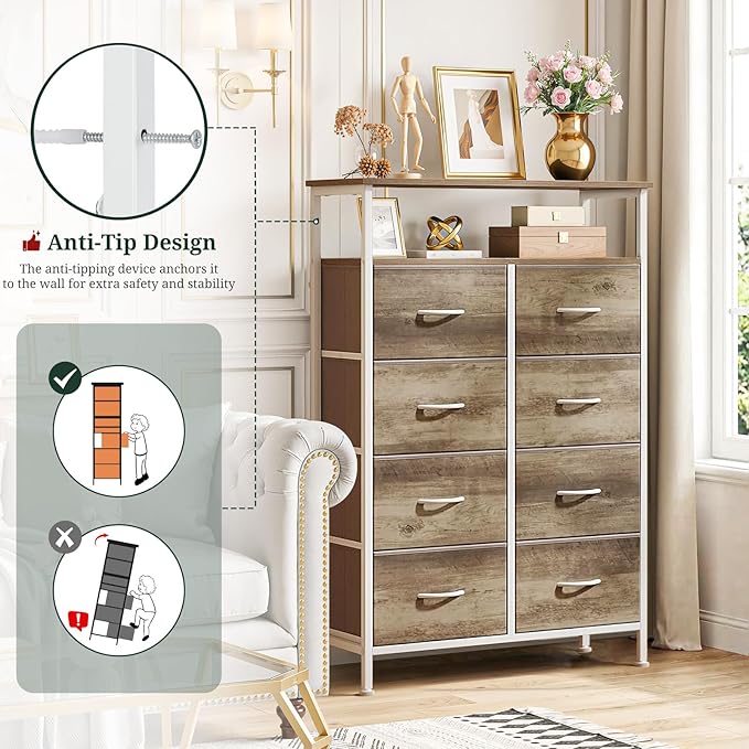 8 Drawers Dresser with Open Shelf, 46" Tall Storage Organizer Chest of Drawer with Wooden Top, Sturdy Metal Frame for Bedroom, Hallway, Living Room, Greige Oak