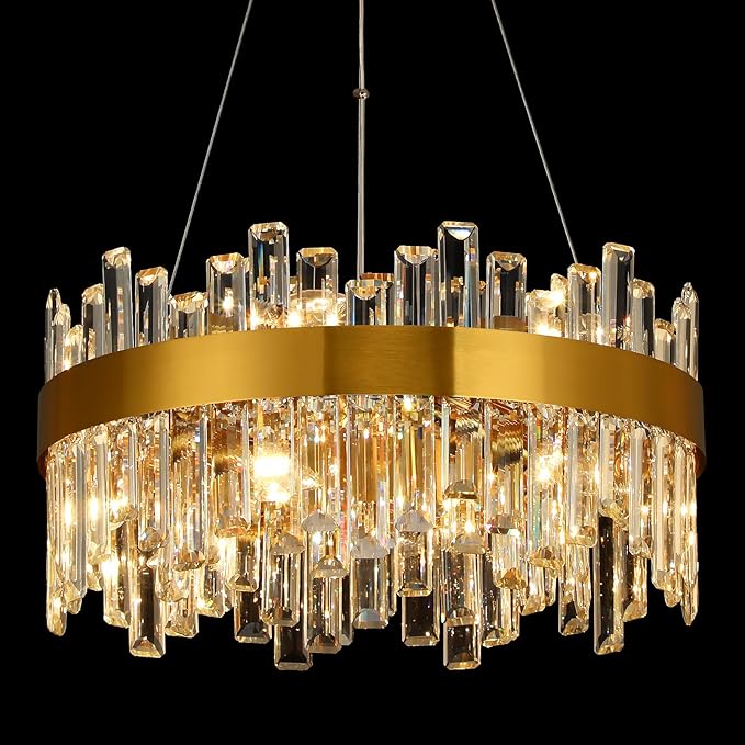 Crystal Chandeliers for Dining Room Lights Fixtures, 12 Lights Luxury Gold Modern Chandeliers for Bedroom, 2-Tier Round Crystal Lighting Fixtures for Living Room Entryway Kitchen Island D20 Inch