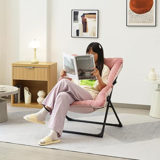 Comfy Saucer Chair for Adults, Soft Faux Fur Bedroom Chair with Ottoman, Accent Dorm Chairs, Living Room Reading Chairs and Footstool, Folding Seat for Teens, X-Large, Dusky Pink