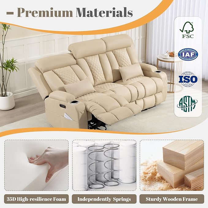 Zero Wall Hugger Power Reclining Sofa with Adjustable Headrest, Electric Reclining Couch with Drop-Down Table,Outlets, Power Loveseat Recliner Sofa for Living Room,RV (Beige, 3 Seat)