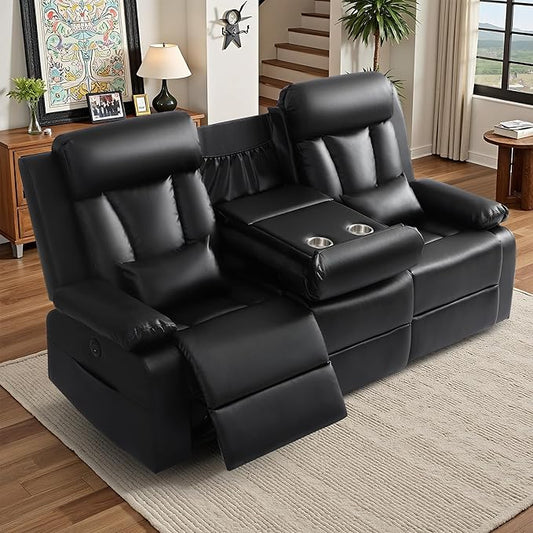 Power Reclining Sofa with Drop-Down Console and Lumbar Pillows, Leather 3-Seat Recliner Couch with USB & Type-C Ports, Cup Holders, Hidden Storage, Wall Hugger Recliner for Living Room RV Theater