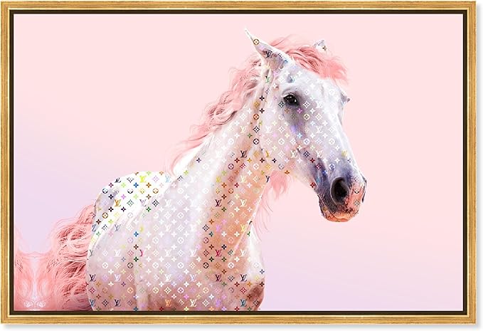 Country Farmhouse Canvas Print Painting Animal Wall Art 'Pink Glam Horse' Gold Framed Canvas Rustic Home Décor 36x24 in Pink, White by Oliver Gal