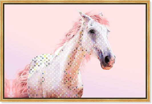 Country Farmhouse Canvas Print Painting Animal Wall Art 'Pink Glam Horse' Gold Framed Canvas Rustic Home Décor 54x36 in Pink, White by Oliver Gal