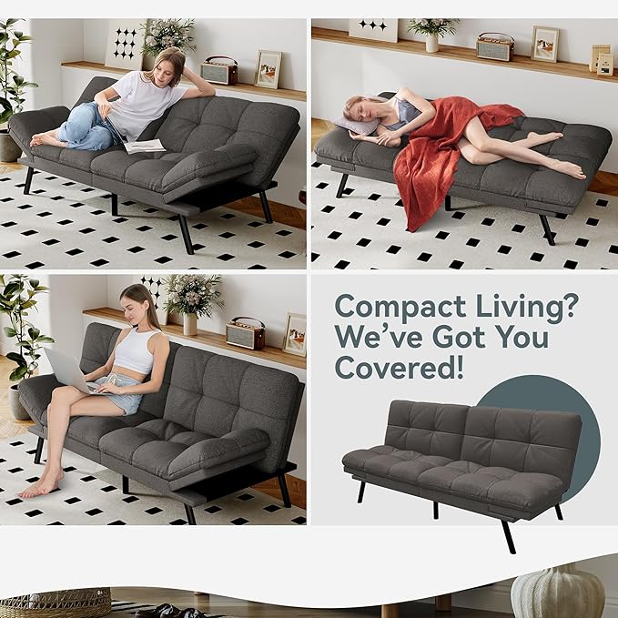 Futon Sofa Bed Convertible Couch, Grey Linen Sofa Bed with Memory Foam, Adjustable Backrest & Armrests, Multifunctional Small Loveseat Sleeper Sofa for Living Room, Apartment, Office