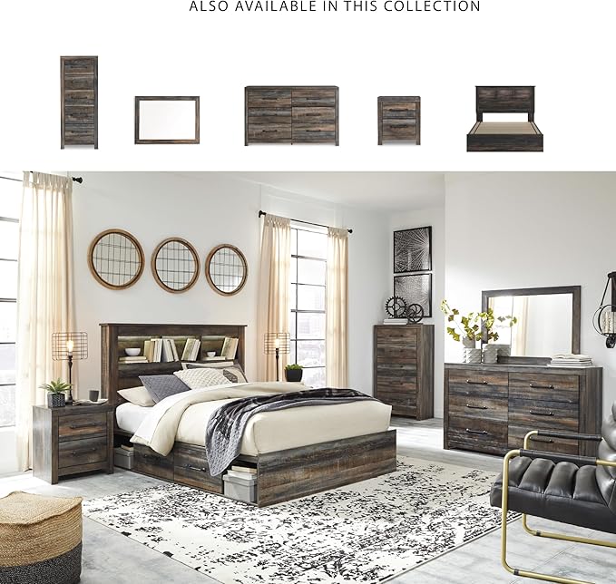 Signature Design by Ashley Drystan Rustic Queen Bookcase Bed with 2 Storage Drawers, Open Cubbies and LED Light, Foundation or Box Spring Not Needed, Dark Brown & Gray