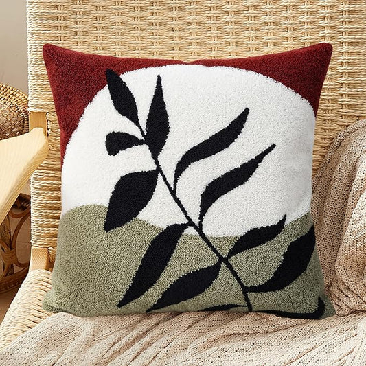 Merrycolor Boho Decorative Throw Pillow Covers 18x18 Tufted Green Decorative Pillows Covers Sun Leaf Mid Century Modern Throw Pillows for Bed Couch Sofa Living Room 1PC(Black and Red)