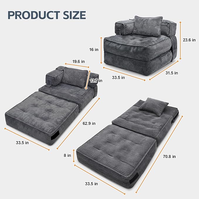 Folding Sofa Bed Chair with Armrests, Convertible Futon Couch Sleeper Chair for Adults, Fold Out Boneless Chair Bed, Foldable Sofa Lounge for Small Spaces, with Pillow, Dark Grey