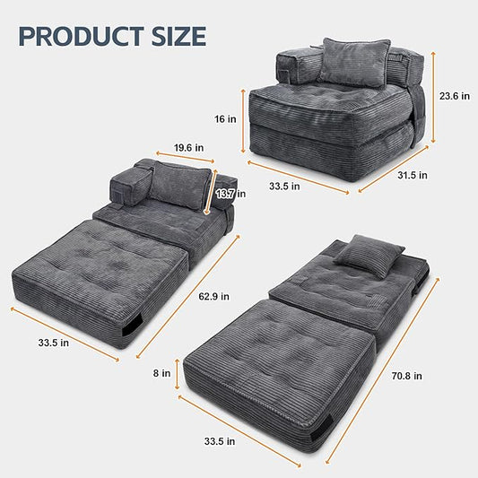 Folding Sofa Bed Chair with Armrests, Convertible Futon Couch Sleeper Chair for Adults, Fold Out Boneless Chair Bed, Foldable Sofa Lounge for Small Spaces, with Pillow, Dark Grey