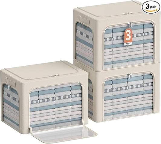3Pack Clothes Storage Bins - Oxford Frame Storage Box Foldable Stackable Storage Organizer with 3 Openings Design, Metal Frame, Clear Window, Carry Handles (Beige, 100L-23.6 * 16.5 * 15.7in)