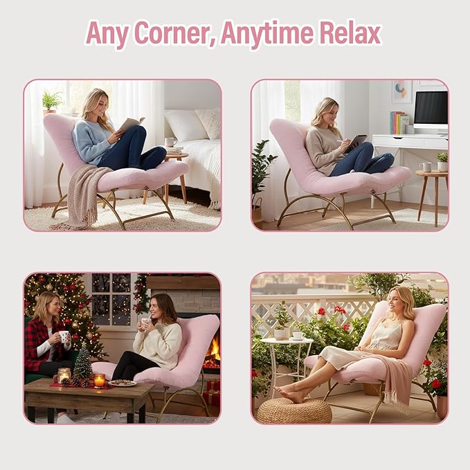 Tiita Accent Lazy Chair, Comfy Lounge Chair with Metal Frame and Plush Fabric, Spacious Seat Cozy Recliner Chair for Reading Room, Living Room, Bedroom, Office, Pink