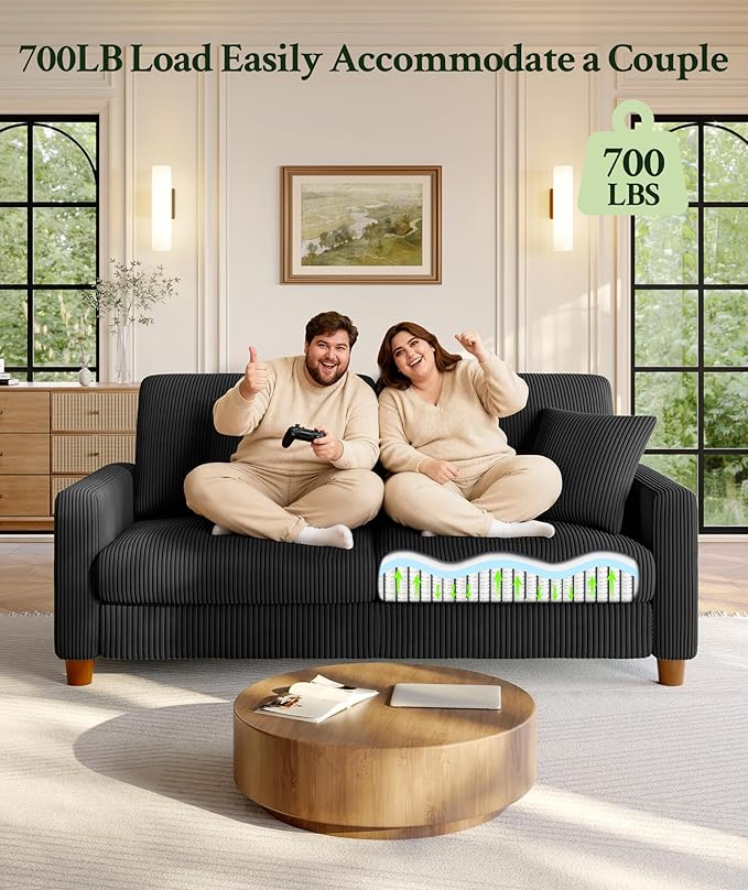 Welzona 70.2" Couches for Living Room, Comfy Black Couch 7.1" Extra Thick Cushion, Sofas for Living Room Tool-Free Setup, Loveseat Sofa 705lbs Support, Corduroy Couch for Bedroom, Apartment, Office