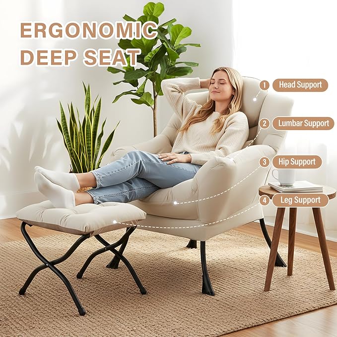 Lazy Chair with Ottoman, Comfy Fabric Accent Lounge Arm Chair with Lumbar Pillow and Folding Footrest, Reading Leisure Sofa Chair for Bedroom, Living Room, Dorm,Beige