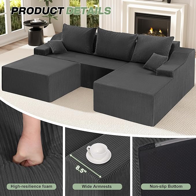 HABUTWAY U Shaped Modular Sectional Couch for Living Room, Modular Cloud Sofa with Ottoman, No Assembly Boneless Couches with Deep Seat, Corduroy Fabric (Grey, Right Facing)