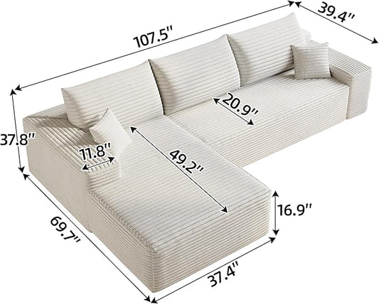 107" Corduroy Couch for Office, Cloud L Shape Sofa, Deep Seat Comfy Couches for Living Room Bedroom Apartment, Compressed Foam No Assembly Required, Left Facing Chaise, White