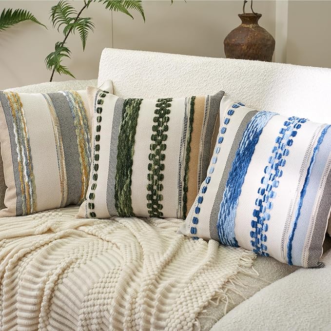 Aeckself Boho Throw Pillow Covers 18x18 Inch Set of 2, Farmhouse Decorative Striped Square Pillow Covers Chenille Tufted Pillow Cases Accent Neutral Pillowcase for Living Room Couch Bed, Sky Blue