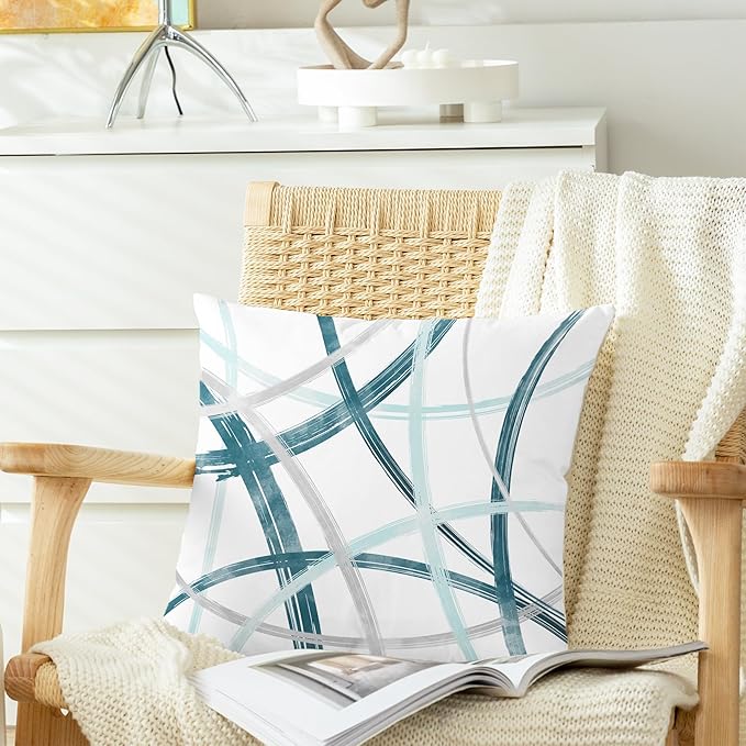 CaliTime Throw Pillow Cases Pack of 2 Cozy Fleece Arc-Shaped Abstract Geometric Lines Decorative Cushion Covers for Couch Bed Sofa Farmhouse Decoration 26 X 26 Inches Teal Turquoise Grey