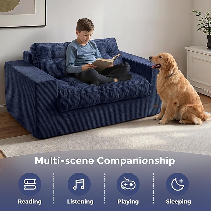 MAXYOYO Loveseat Sofa Couch, Upholstered Bean Bag Chair Cloud 2-Seat for Adults, Boneless Couch with Tufted Cushion & Pillows, Sofa in A Box, No Assembly Required, Navy