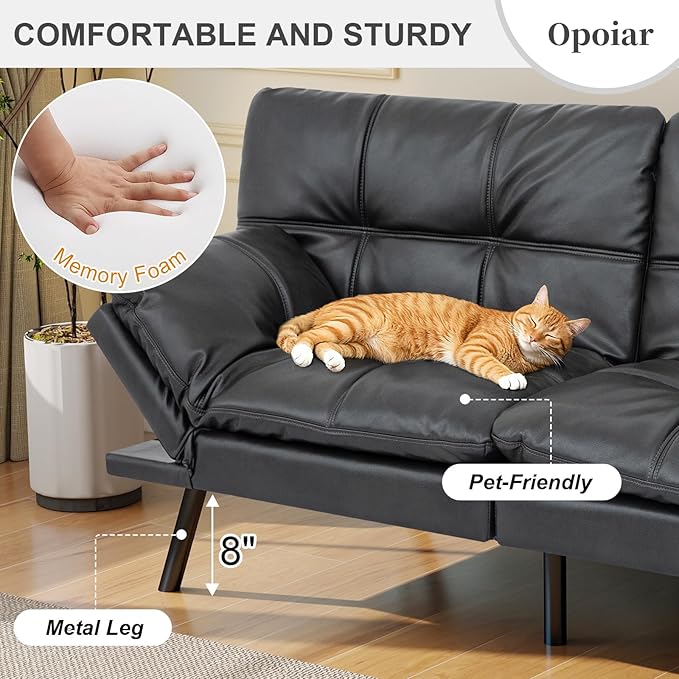 Opoiar Faux Leather Black Futon Sofa Bed Convertible Memory Foam Couch Bed Futon Sets Folding Modern Sleeper Sofa Loveseat for Studio,Drom,Apartment,Game Room and Small Space