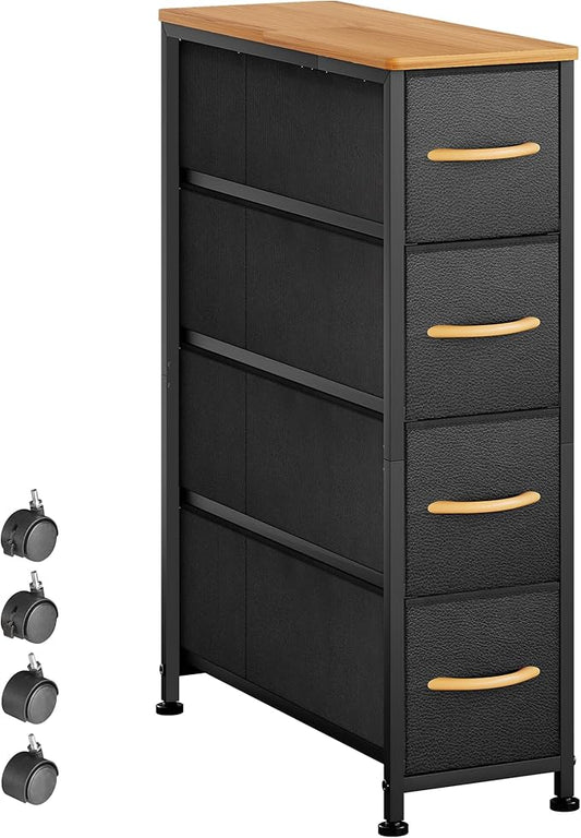 Narrow Dresser Storage Tower with 4 Drawers, Slim Dresser Chest of Drawers with Steel Frame, Wood Top, Dresser for Bedroom, Bathroom, Small Spaces, Laundry, Closet (Black)