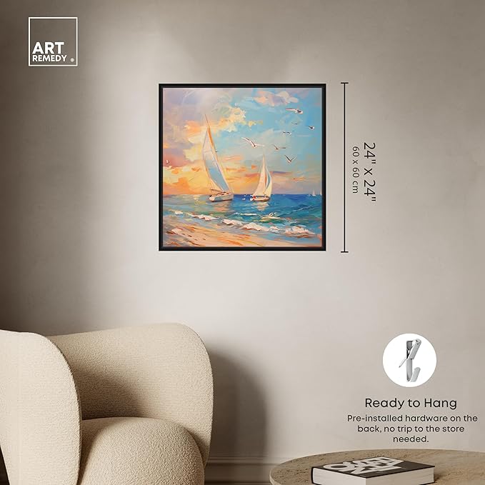 Art Remedy Sailboats In The Sunset Framed Sailing 1 Piece Canvas Wall Art, 25" x 25", Black Frame