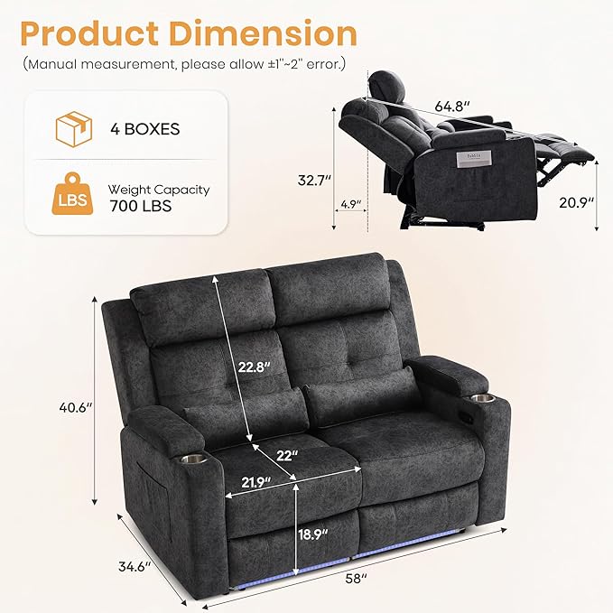 RV Loveseat Recliner Sofa, Power Reclining Loveseat with 4 LED Lights, USB Ports, Power Wall Hugger Recliner Loveseat with Arm Storage, 2 Cushions for Living Room, Bedroom, Home(Grey, 2 Seat)