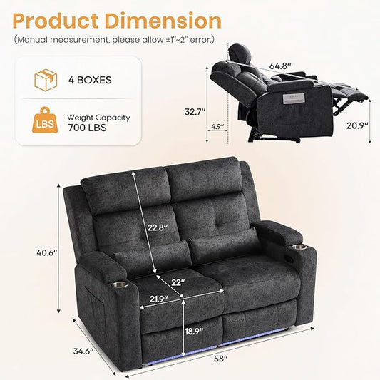 RV Loveseat Recliner Sofa, Power Reclining Loveseat with 4 LED Lights, USB Ports, Power Wall Hugger Recliner Loveseat with Arm Storage, 2 Cushions for Living Room, Bedroom, Home(Grey, 2 Seat)