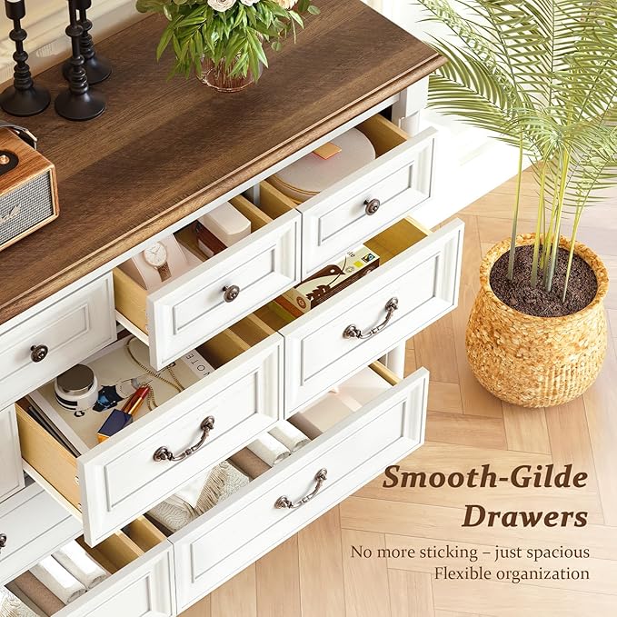 Concho Farmhouse 8 Drawers Dresser for Bedroom, 53'' Wide Wood Chest of Drawers with Spacious Deep Storage Space, Rustic Storage Dressers Organizer, TV Stand for Living Room, Bedroom, Antique White