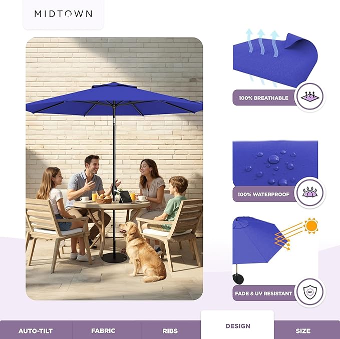 Midtown Umbrellas - 10-Year-No-Fade 9 Ft Patio Umbrella with Terylast Fabric, Auto-Tilt Aluminum Frame and 8 Reinforced Ribs for Deck, Pool, Garden & Beach - Midnight Blue Canopy, Black Pole