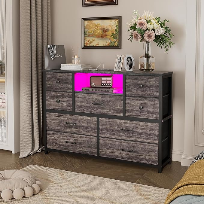Dresser for Bedroom with 9 Drawers, Grey Storage Organizer TV Stand for 55" TV with LED Lights and Sockets, Fabric Chest of Drawers with PU Finish for Kid Room, Entryway, Living Room, Hallway