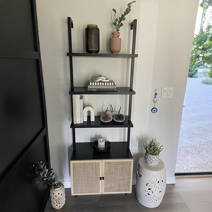 Nathan James Theo Modern Bookcase with Rattan Cabinet in Matte Black and Light Oak Finish with Matte Black Metal Frame for Living Room, Home Office Storage, Set of 4