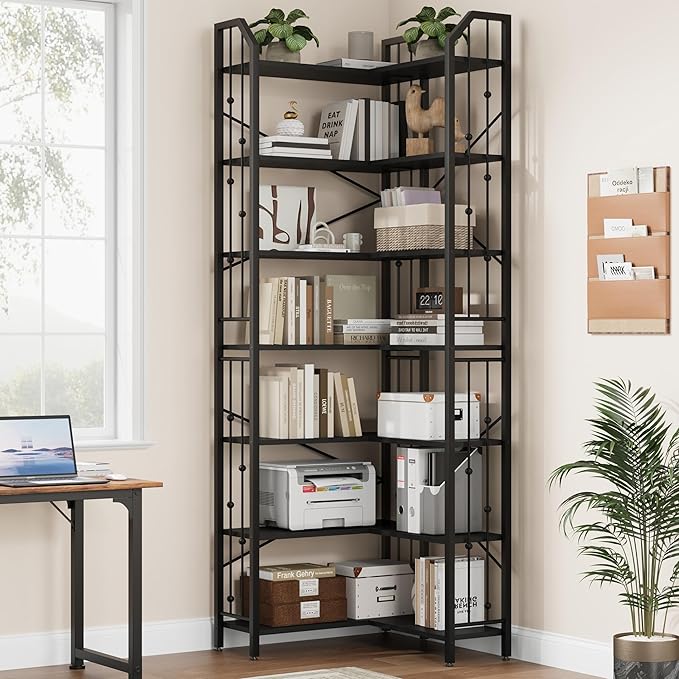 GarveeHome Corner Bookshelf 86" l Shaped Bookcase, Corner Bookshelves Black Bookcase 7 Tier l-Shape Bookshelf, Large Bookcases with Beaded Design Tall Display Rack Shelf for Living Room Bedroom