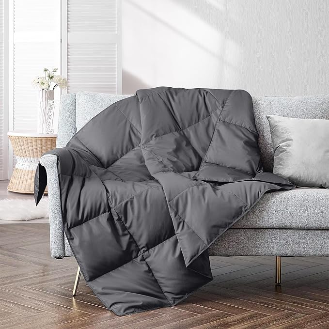 puredown® Soft Feather Down Throw Blanket Lightweight Packable Couch Throw for Indoor and Outdoor Use, Throw 50"X70", Gray, 12oz