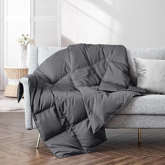 puredown® Soft Feather Down Throw Blanket Lightweight Packable Couch Throw for Indoor and Outdoor Use, Throw 50"X70", Gray, 12oz