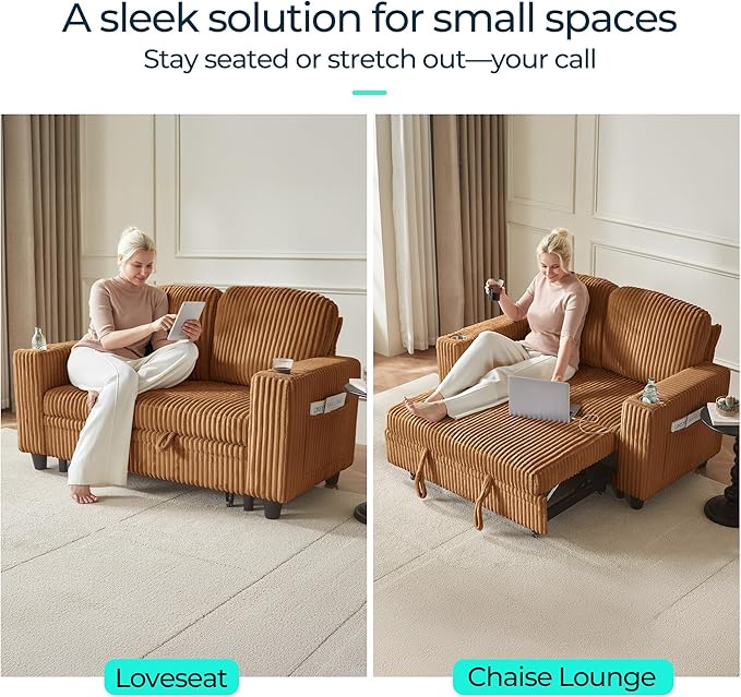 LINSY HOME Sectional Sleeper Sofa Pull Out Couches for Living Room (Brown, Pull Out Couch) | Pull Out Sofa Bed, Storage, USB Charging, Cup Holders, Plush Corduroy | Pull Out Sofa Bed, Storage, USB Charging, Cup Holders, Plush Corduroy