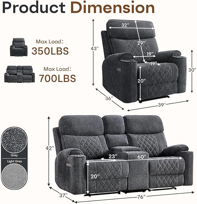 HAOMARKETS 2-Piece Power Recliner Sofa Set with Charging Port, Include Single Recliner Chair and 2-Seater Loveseat Reclining Couch with Hidden Storage and Cup Holders for Living Room, Dark Grey