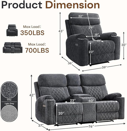 HAOMARKETS 2-Piece Power Recliner Sofa Set with Charging Port, Include Single Recliner Chair and 2-Seater Loveseat Reclining Couch with Hidden Storage and Cup Holders for Living Room, Dark Grey