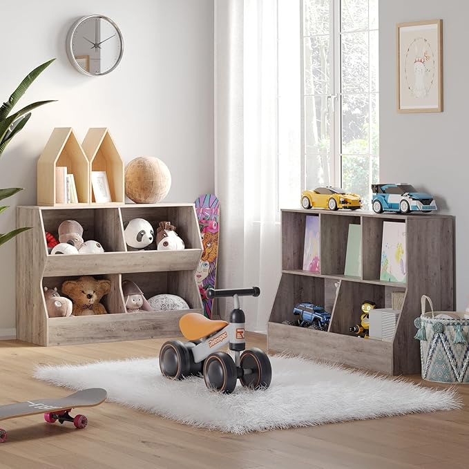 DINZI LVJ Toy Storage Organizer, Kids Bookshelf, Wood Toy Storage Cabinet, 5 Cubby Children Bookcase, 39.4" L Toddler Book Shelf for Playroom, Living Room, Nursery, Hallway, School, Greige