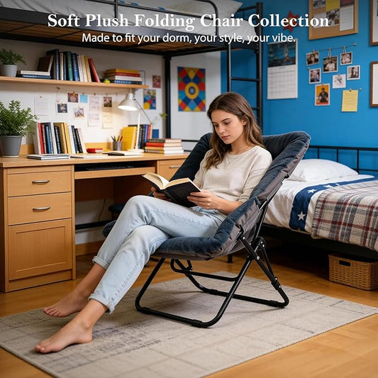 Saucer Chair, Comfy Doorm Chairs, Oversized Folding Faux Fur Chair, Foldable Metal Frame Chair, for Bedroom, Living Room, Balcony, Study, Playroom (Navy Blue)