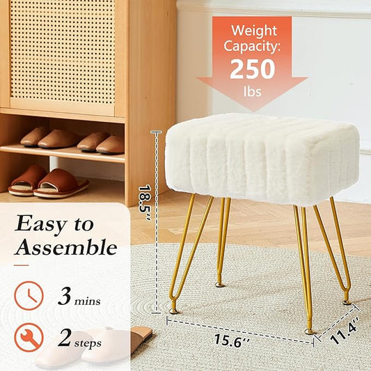 Rectangular Vanity Stool, Faux Fur Makeup Vanity Chair with Golden Metal Legs & Adjustable Feet, Soft Padded Seat Ottoman Foot Stool for Bedroom, Living Room
