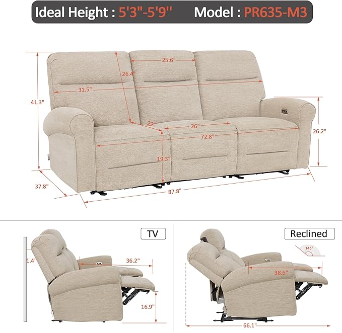 MCombo 87.8" Wall Hugger Power Reclining Sofa with Drop Down Table, 3-Seater Recliner Couch for Small Spaces Living Room RV, USB Ports, Fabric PR635M3 (Beige)