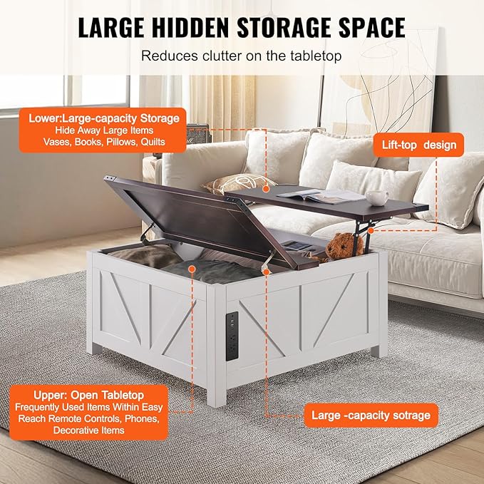 VEVOR 36" Farmhouse Coffee Table, Hinged Lift Top Square Coffee Table with Built-in Power Strip, Wooden Rustic Cocktail Table for Living Room, Bedroom, Apartment, Studio, Brown & White