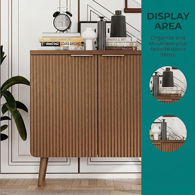 FONTOI 29.5" Wood Fluted Buffet Cabinet with 2 Doors & Storage - Multifunctional Kitchen Sideboard Credenza for Living Room & Entryway, Walnut