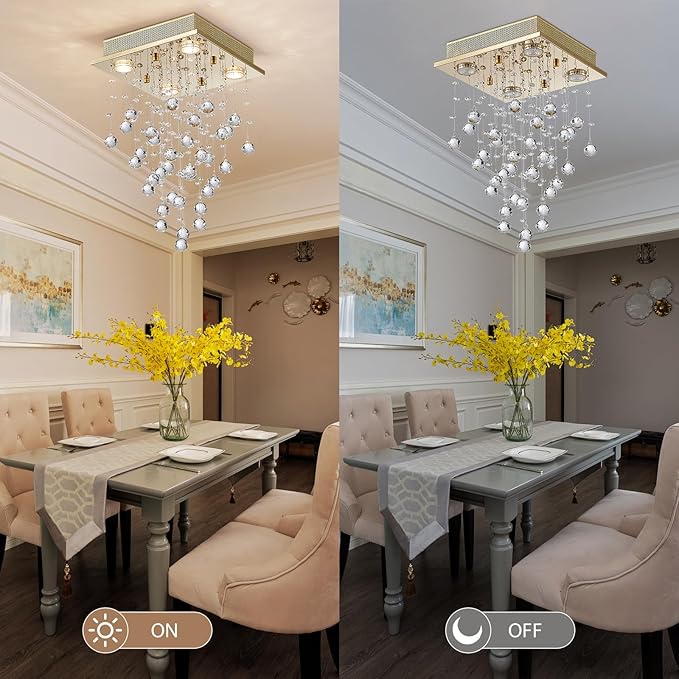 Bestier Gold Modern Crystal Square Raindrop Chandelier Lighting Flush Mount LED Ceiling Light Fixture Pendant Lamp for Dining Room Bathroom Bedroom Livingroom 4 GU10 Bulbs Required 12" Wide 20" High