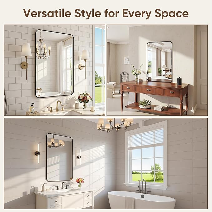 Bathroom Mirrors for Over Sink 24" x 36", Black Metal Frame Rounded Corner Rectangle Wall Mirror, Modern Farmhouse Vanity Mirror(Horizontal/Vertical)