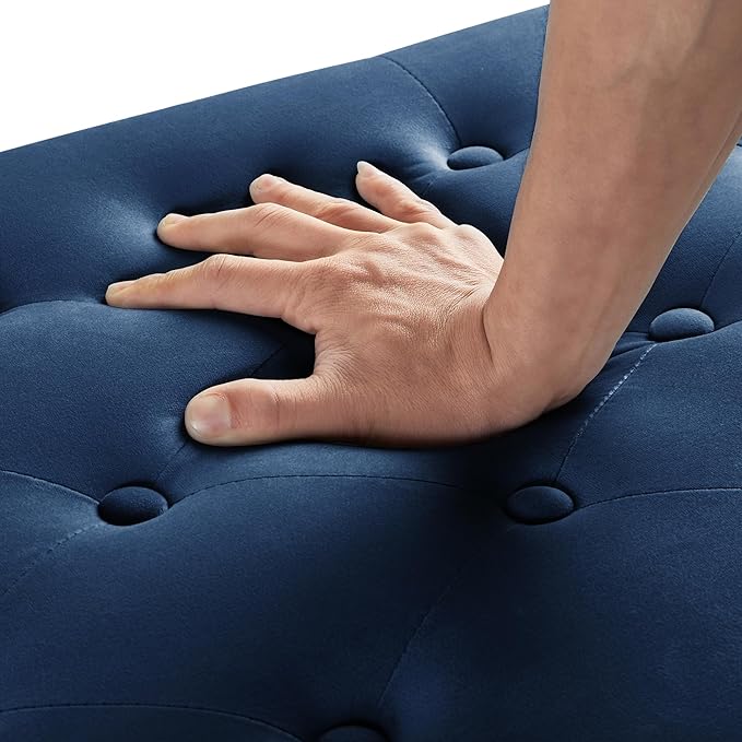 Velvet Storage Ottoman with Armrests, Upholstered Button Tufted Entryway Bench with Nails Trim for Bedroom End of Bed, Living Room,Navy